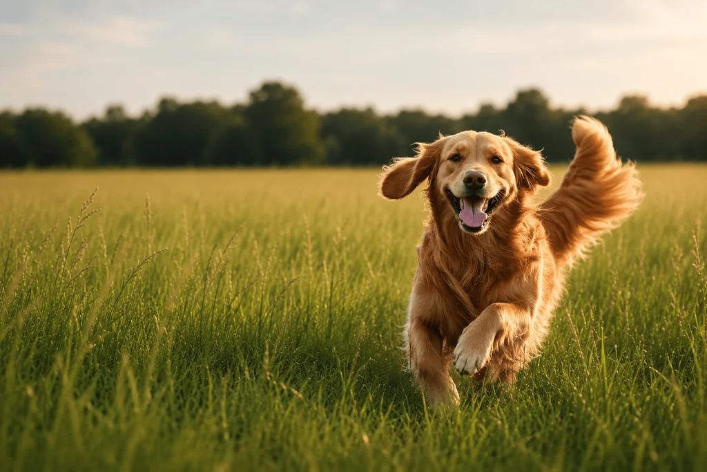 Un cane che gioca in un campo aperto